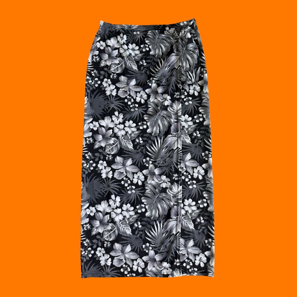90's vintage gray tropical floral island girl wrap maxi skirt XL **runs small**